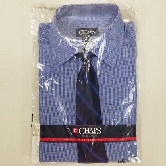 Chaps Kids Dress Shirt With Easy-Clip Tie Sz XS/6-7 Blue Long Sleeve Stretch New - Picture 1 of 4